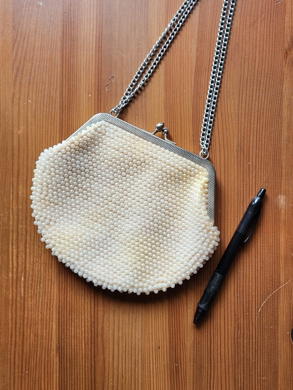 Vintage Beaded Pearl-Effect Cream Evening Crossbody Bag - Chain Strap